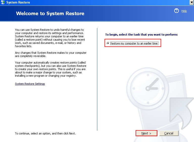 Restore my computer to an earlier time