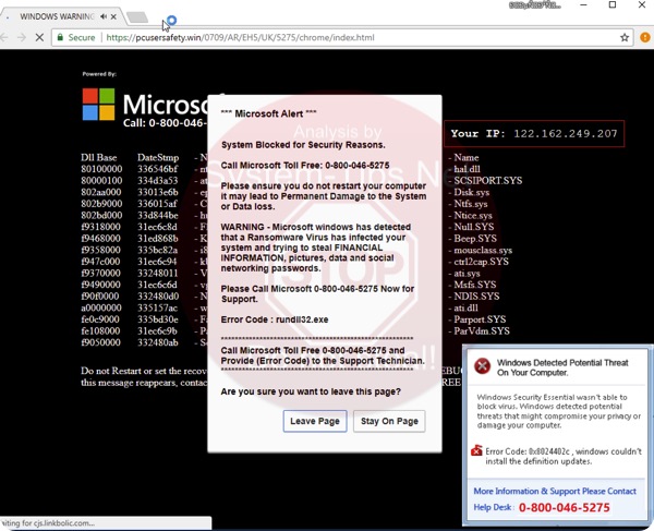 pcusersafety.win 0-800-046-7275 fake Microsoft Alert