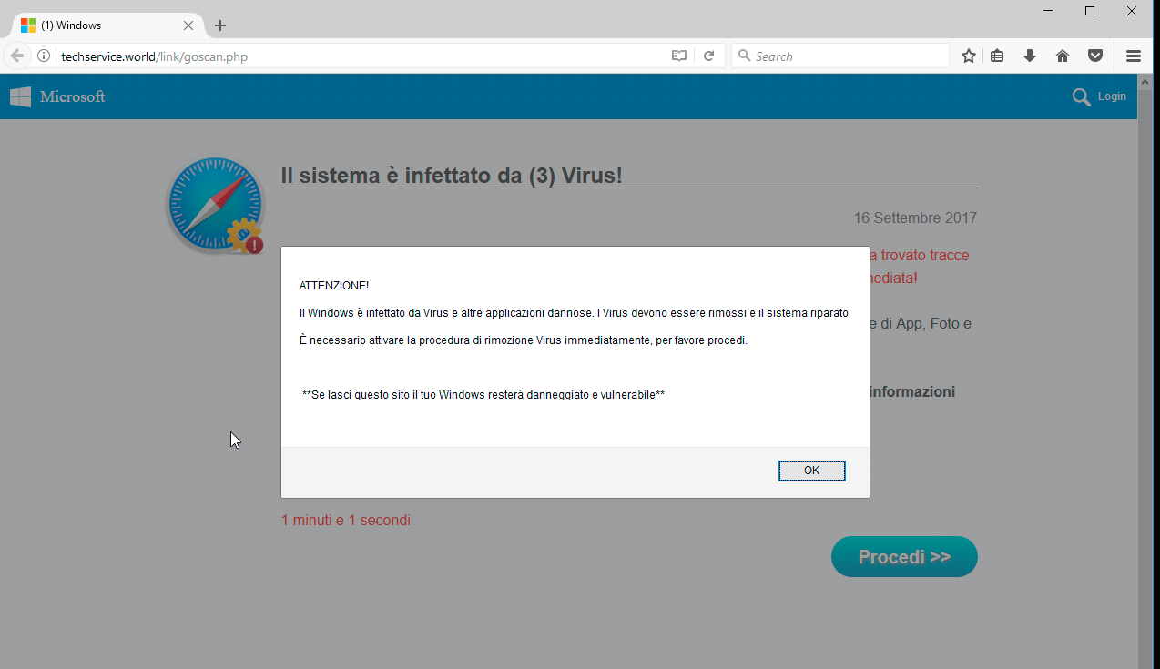 techservice.world (1) Scam - 'l sistema è infettato da (3) virus'