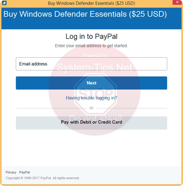 Fake Windows Defender Essentials ($25 USD)