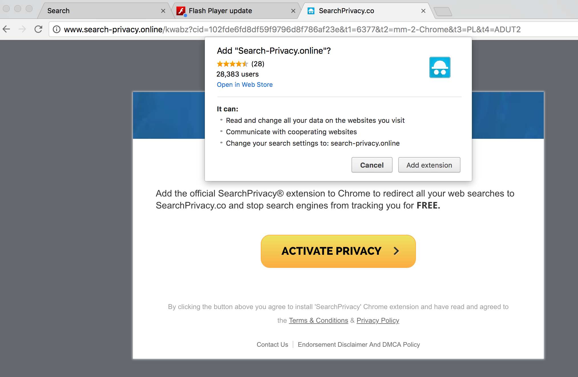 SearchPrivacy extension in Google Chrome.