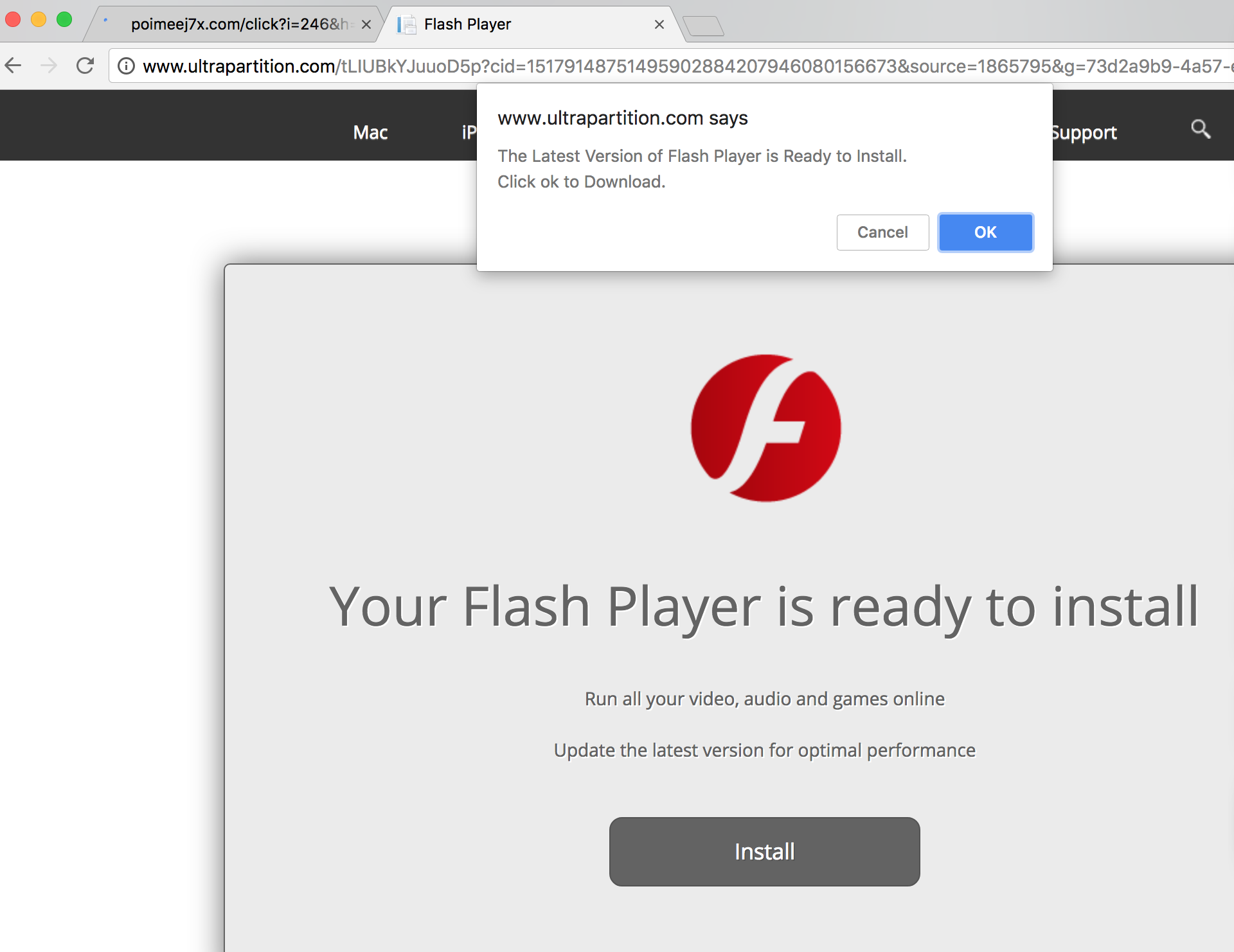 Ultrapartition.com fake Flash Player update alert