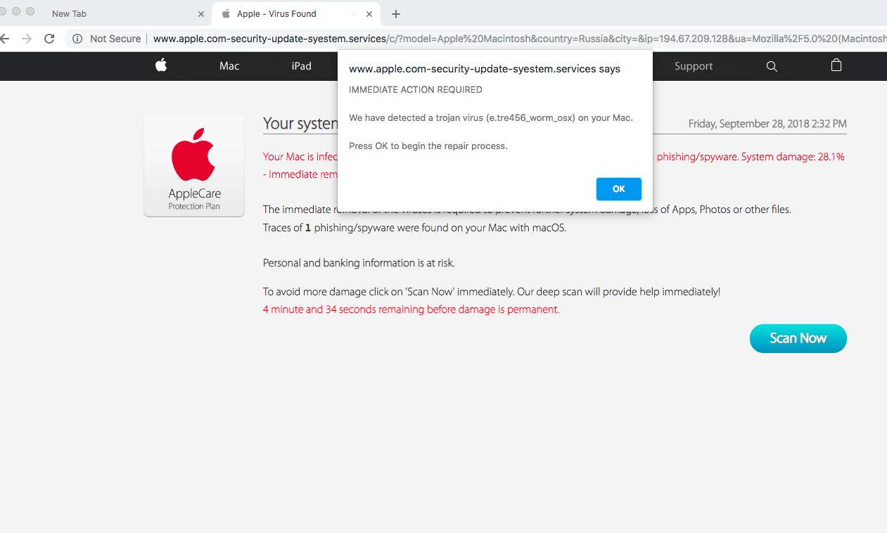 Apple - Virus Found scam on Mac