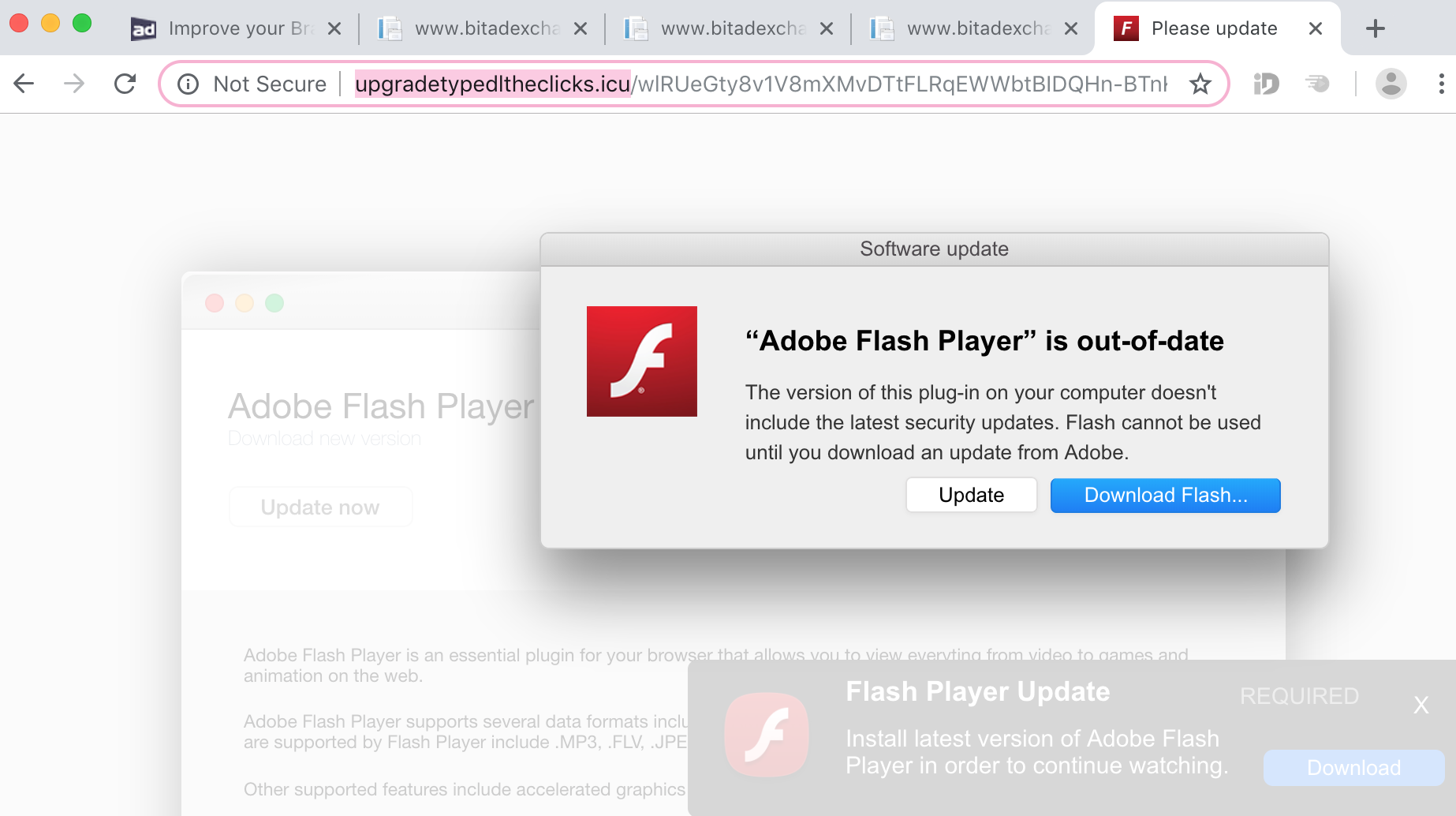 Upgradetypedltheclicks.icu fake Adobe Flash Player update