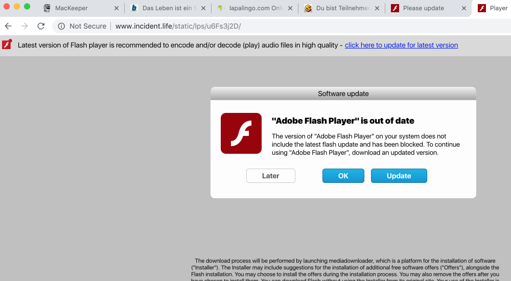 Incident.life fake Adobe Flash Player alert